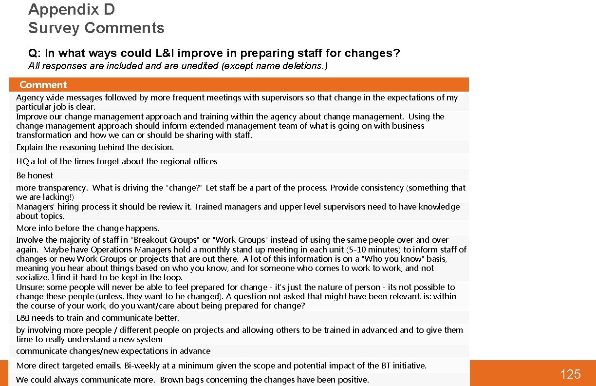 Appendix D Survey Comments Q: In what ways could L&I improve in preparing staff