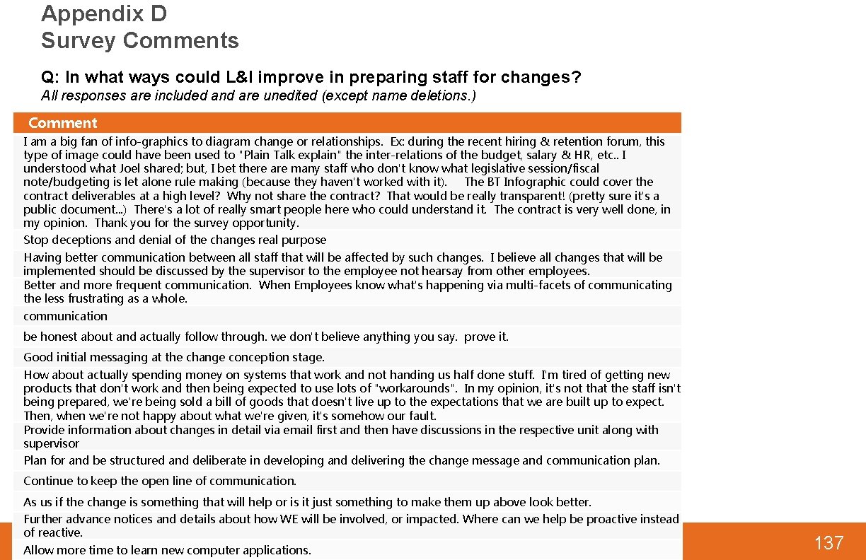 Appendix D Survey Comments Q: In what ways could L&I improve in preparing staff