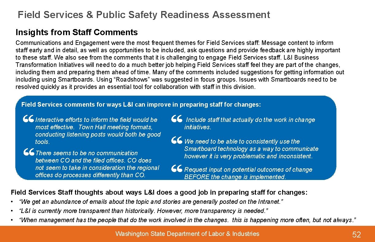 Field Services & Public Safety Readiness Assessment Insights from Staff Comments Communications and Engagement