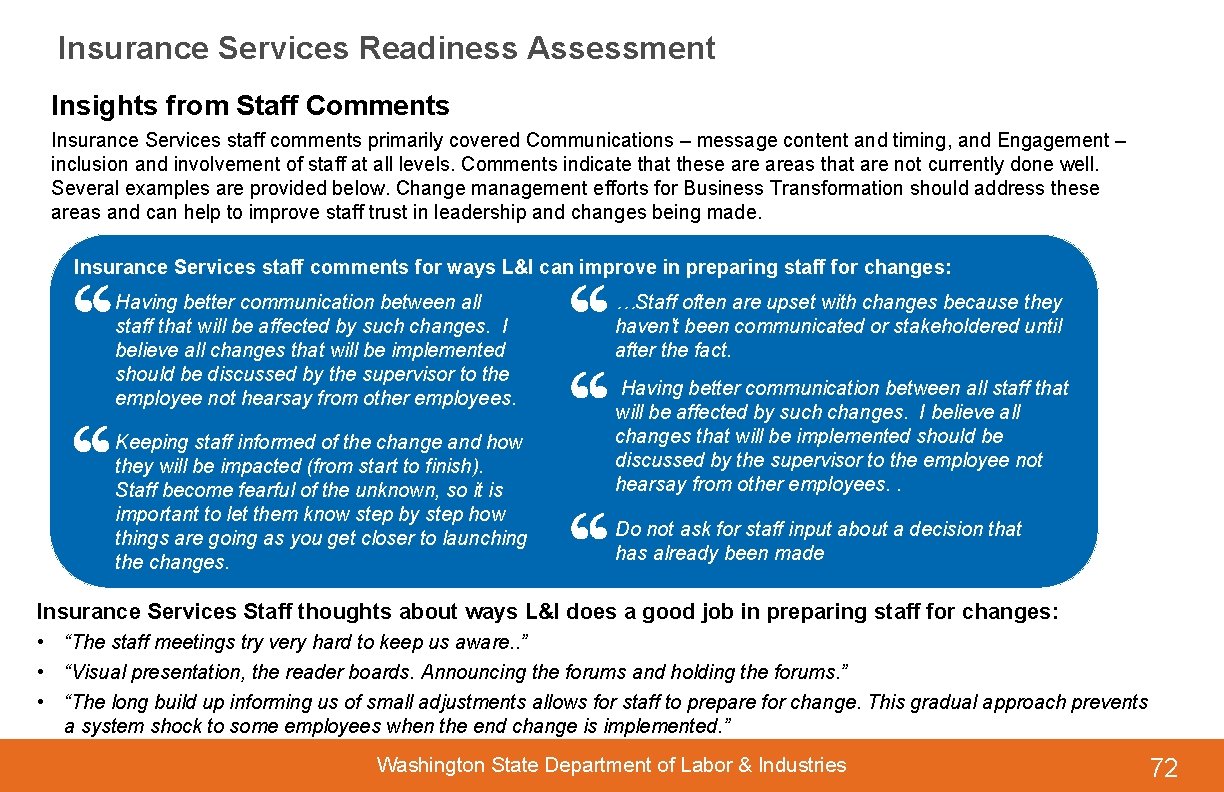Insurance Services Readiness Assessment Insights from Staff Comments Insurance Services staff comments primarily covered