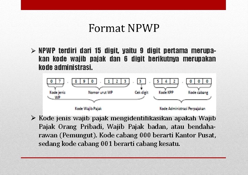  NPWP terdiri dari 15 digit, yaitu 9 digit pertama merupakan kode wajib pajak