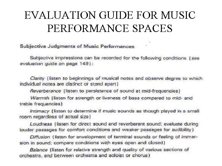 EVALUATION GUIDE FOR MUSIC PERFORMANCE SPACES 