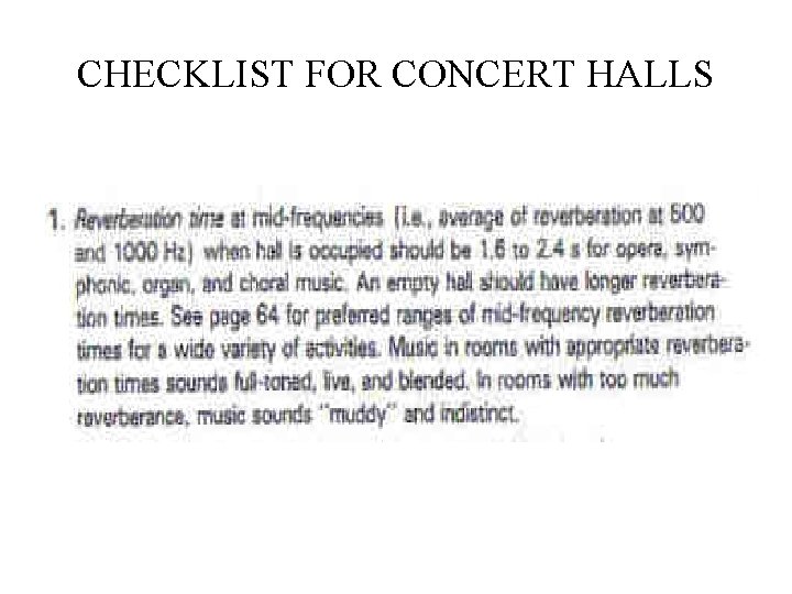 CHECKLIST FOR CONCERT HALLS 