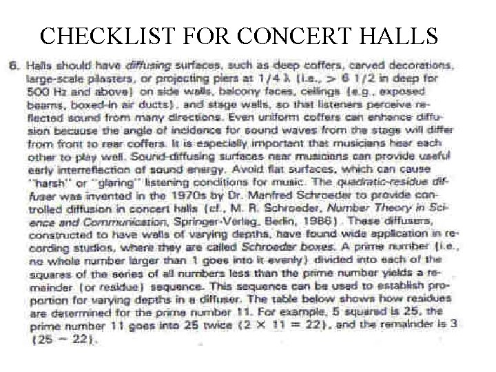 CHECKLIST FOR CONCERT HALLS 