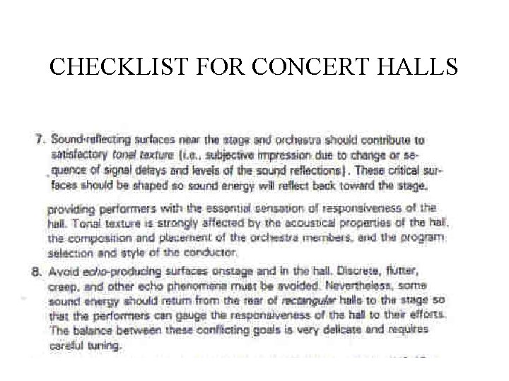 CHECKLIST FOR CONCERT HALLS 