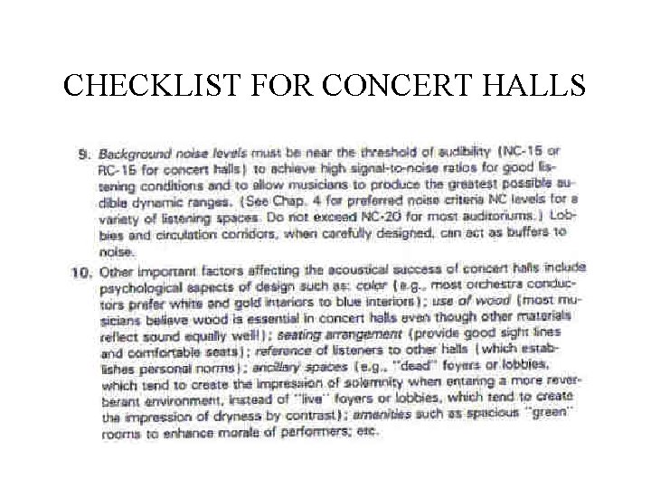 CHECKLIST FOR CONCERT HALLS 