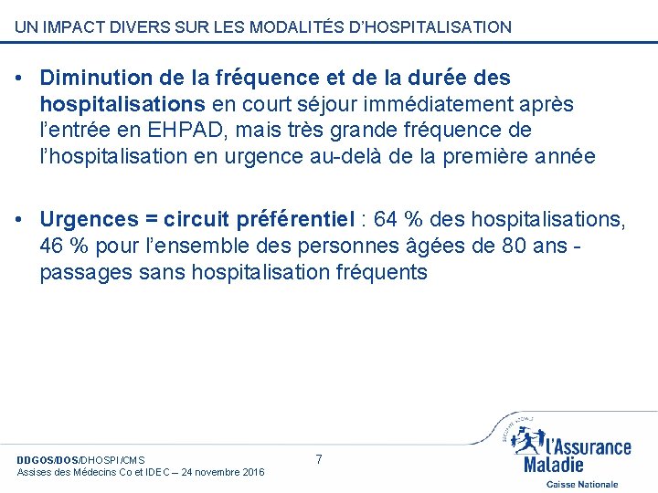 UN IMPACT DIVERS SUR LES MODALITÉS D’HOSPITALISATION • Diminution de la fréquence et de