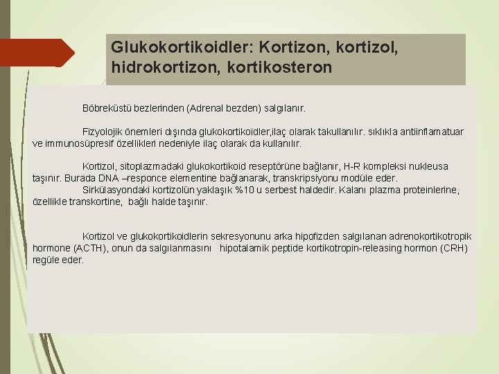 Glukokortikoidler: Kortizon, kortizol, hidrokortizon, kortikosteron Böbreküstü bezlerinden (Adrenal bezden) salgılanır. Kortizol Fizyolojik önemleri dışında