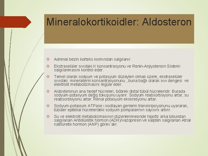 Mineralokortikoidler: Aldosteron Adrenal bezin korteks kısmından salgılanır. Ekstraselüler sıvıdaki K konsantrasyonu ve Renin-Anjiyotensin Sistemi