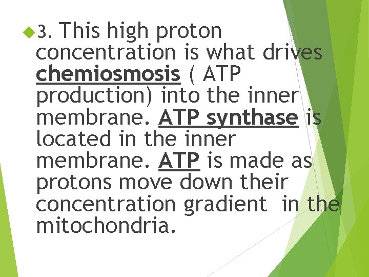 This high proton concentration is what drives chemiosmosis ( ATP production) into the inner