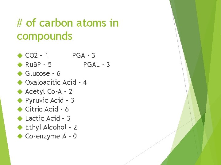 # of carbon atoms in compounds CO 2 – 1 PGA - 3 Ru.