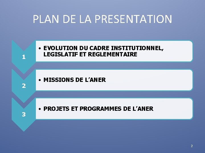 PLAN DE LA PRESENTATION 1 2 3 • EVOLUTION DU CADRE INSTITUTIONNEL, LEGISLATIF ET