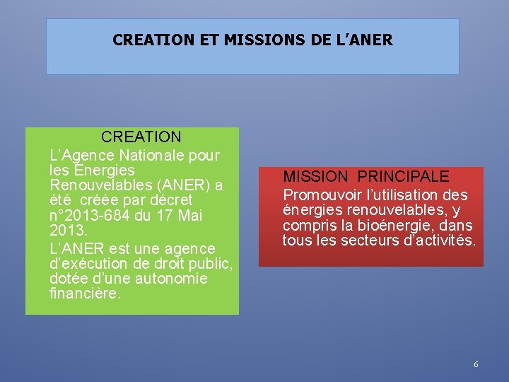 CREATION ET MISSIONS DE L’ANER CREATION L’Agence Nationale pour les Energies Renouvelables (ANER) a