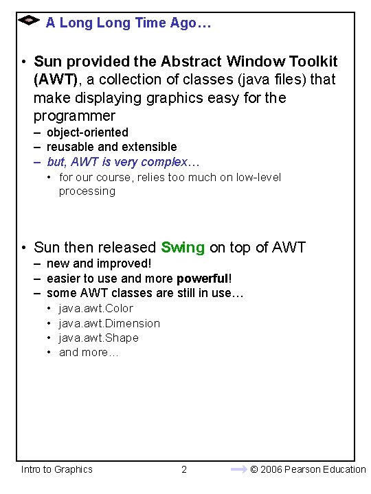 A Long Time Ago… • Sun provided the Abstract Window Toolkit (AWT), a collection