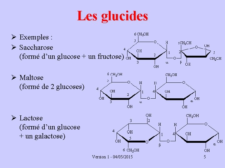 Les glucides Ø Exemples : Ø Saccharose (formé d’un glucose + un fructose) Ø
