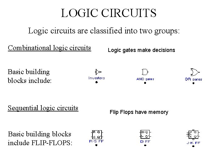 LOGIC CIRCUITS Logic circuits are classified into two groups: Combinational logic circuits Logic gates LOGIC CIRCUITS Logic circuits are classified into two groups: Combinational logic circuits Logic gates