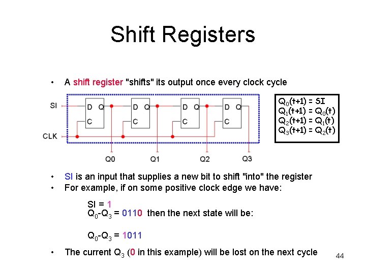 Shift Registers • A shift register "shifts" its output once every clock cycle Q Shift Registers • A shift register "shifts" its output once every clock cycle Q