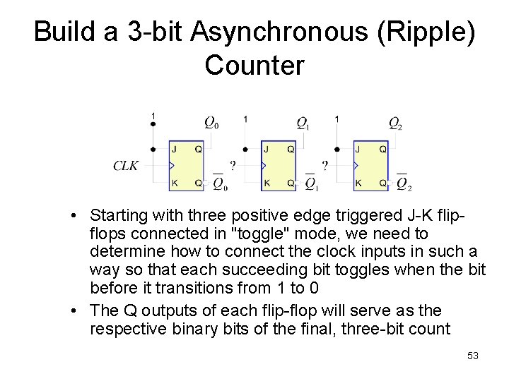 Build a 3 -bit Asynchronous (Ripple) Counter • Starting with three positive edge triggered Build a 3 -bit Asynchronous (Ripple) Counter • Starting with three positive edge triggered