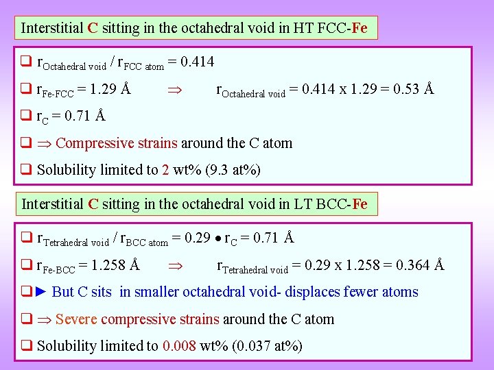 Interstitial C sitting in the octahedral void in HT FCC-Fe q r. Octahedral void