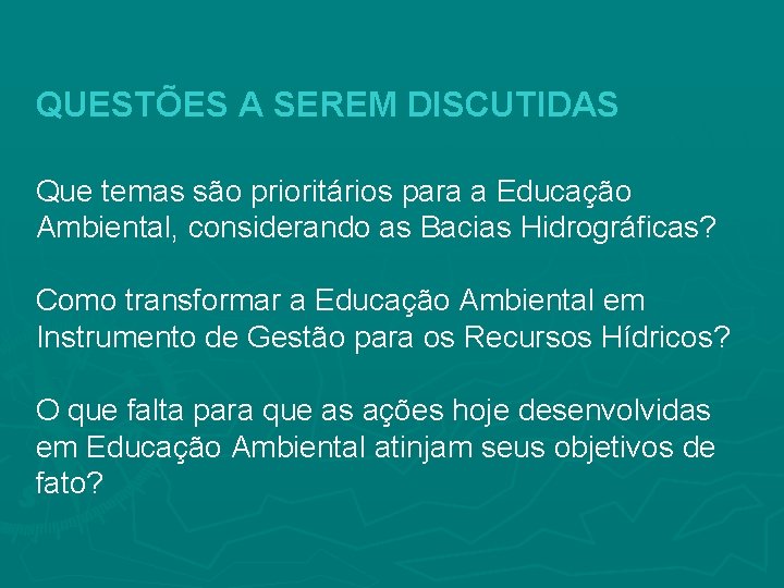 QUESTÕES A SEREM DISCUTIDAS Que temas são prioritários para a Educação Ambiental, considerando as