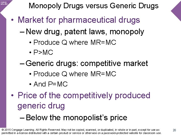 Monopoly Drugs versus Generic Drugs • Market for pharmaceutical drugs – New drug, patent