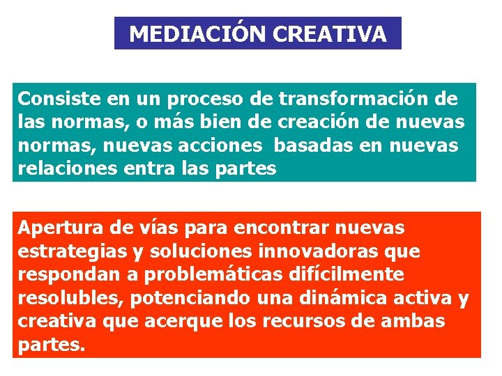 MEDIACIÓN CREATIVA Consiste en un proceso de transformación de las normas, o más bien