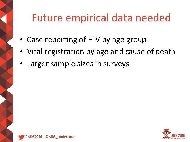Future empirical data needed • Case reporting of HIV by age group • Vital