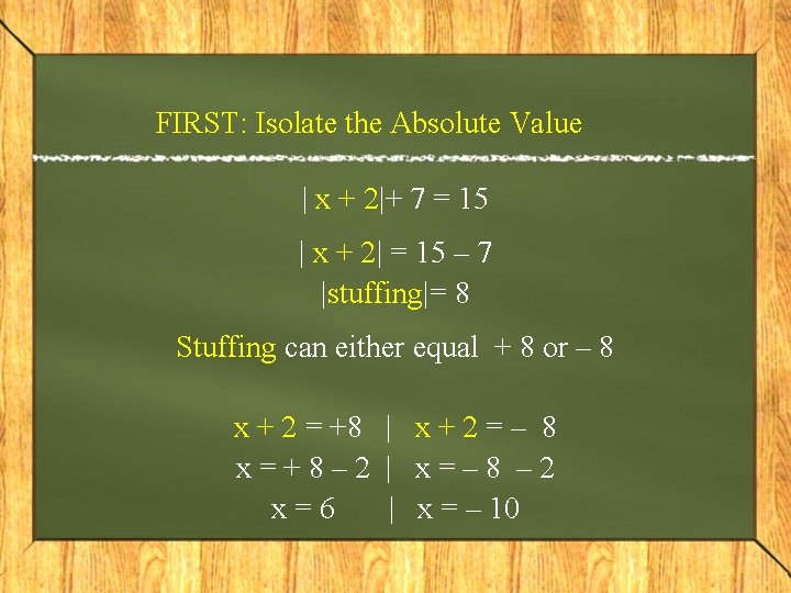 FIRST: Isolate the Absolute Value | x + 2|+ 7 = 15 | x