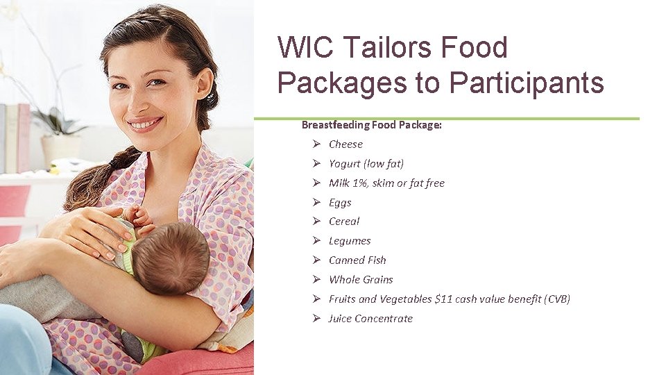 26 WIC Tailors Food Packages to Participants Breastfeeding Food Package: Ø Cheese Ø Yogurt