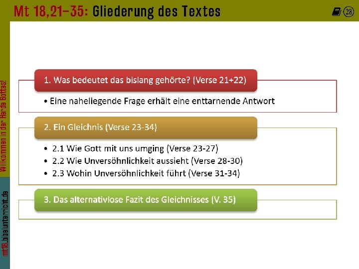 mt 18. bibelunterricht. de Willkommen in der Herde Gottes! Mt 18, 21– 35: Gliederung