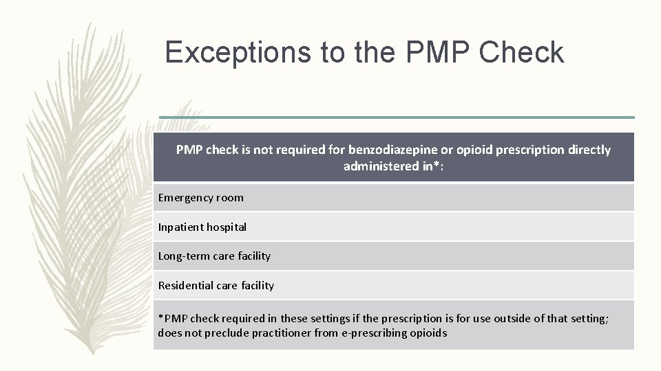 Exceptions to the PMP Check PMP check is not required for benzodiazepine or opioid