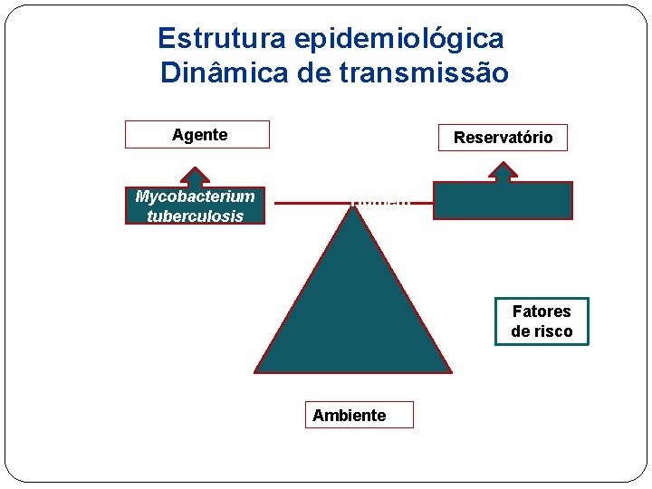 Estrutura epidemiológica Dinâmica de transmissão Agente Mycobacterium tuberculosis Reservatório Homem Fatores de risco Ambiente