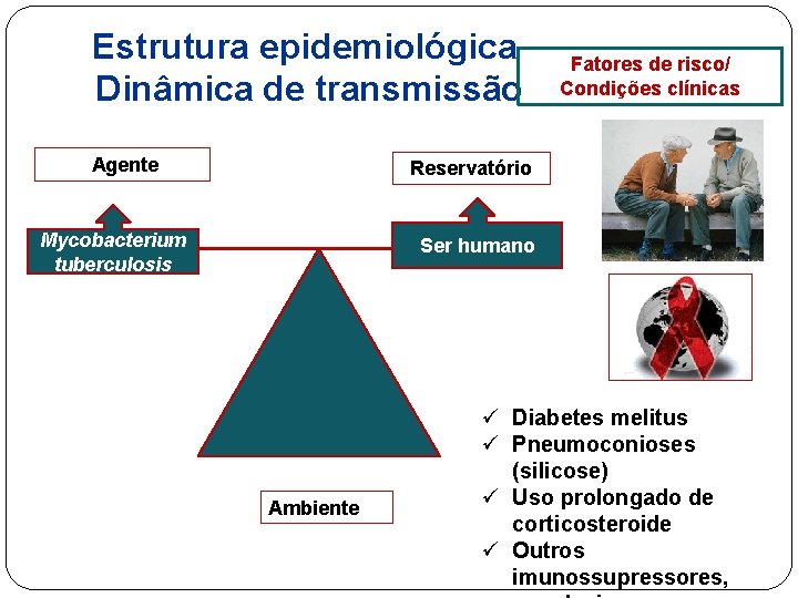 Estrutura epidemiológica Dinâmica de transmissão Agente Fatores de risco/ Condições clínicas Reservatório Mycobacterium tuberculosis