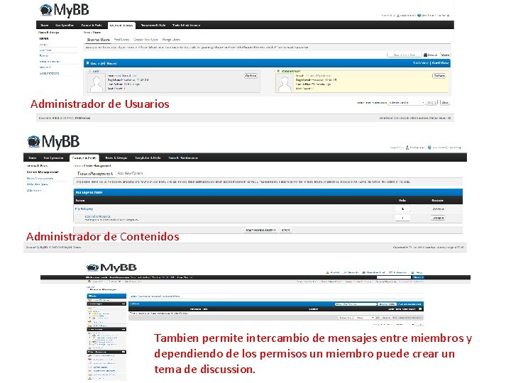 Administrador de Usuarios Administrador de Contenidos Tambien permite intercambio de mensajes entre miembros y