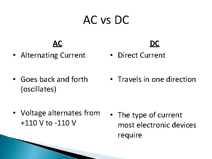 AC vs DC AC • Alternating Current DC • Direct Current • Goes back