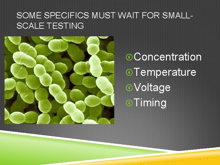 SOME SPECIFICS MUST WAIT FOR SMALLSCALE TESTING Concentration Temperature Voltage Timing 