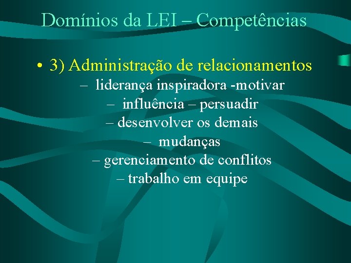 Domínios da LEI – Competências • 3) Administração de relacionamentos – liderança inspiradora -motivar