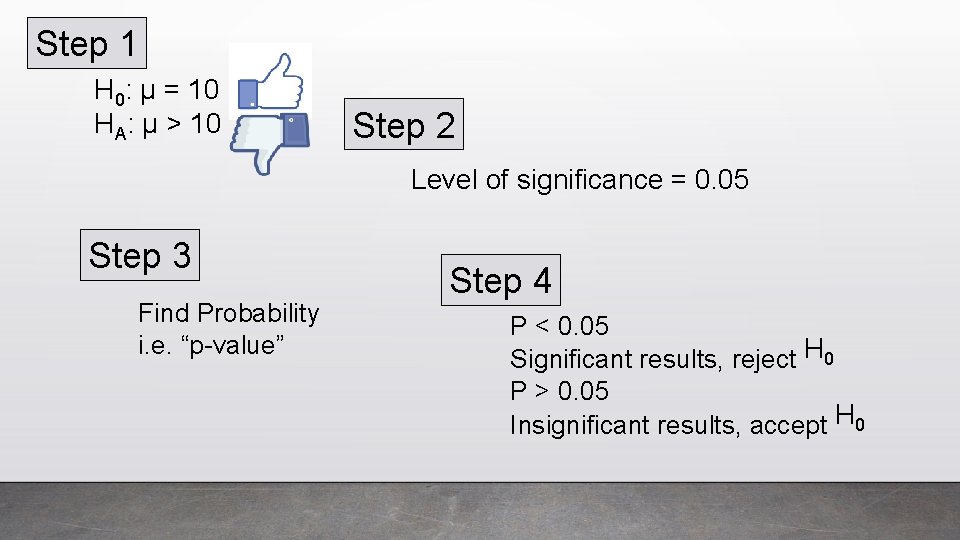 Step 1 H 0: µ = 10 HA: µ > 10 Step 2 Level