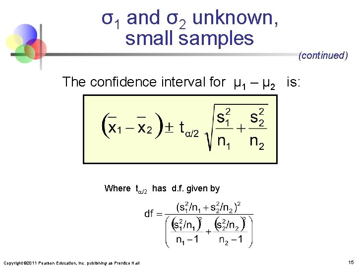 σ1 and σ2 unknown, small samples (continued) The confidence interval for μ 1 –