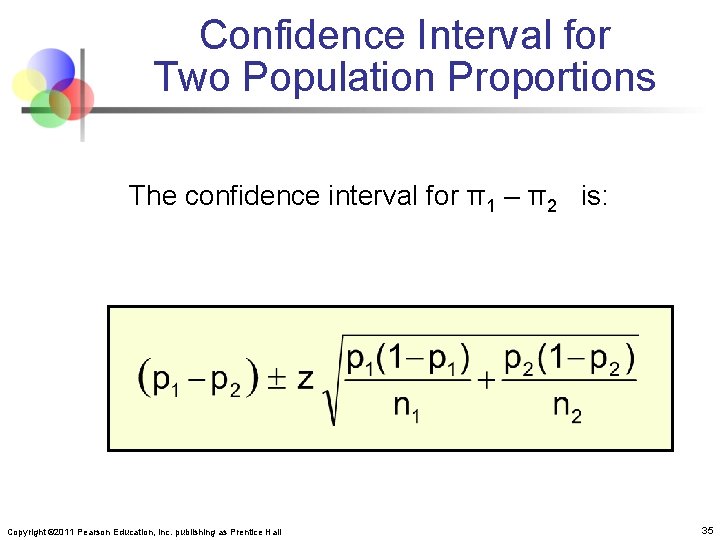 Confidence Interval for Two Population Proportions The confidence interval for π1 – π2 is: