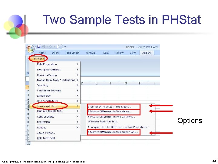 Two Sample Tests in PHStat Options Copyright © 2011 Pearson Education, Inc. publishing as