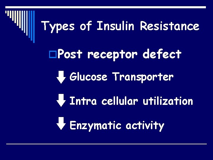 Types of Insulin Resistance o. Post receptor defect Glucose Transporter Intra cellular utilization Enzymatic