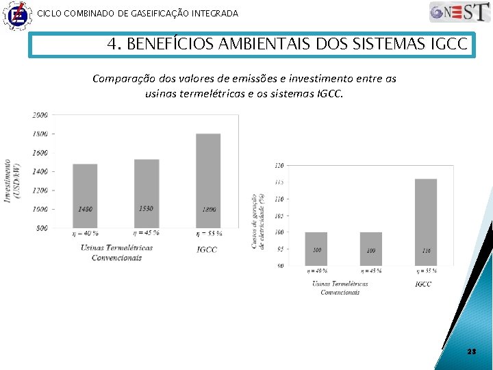 CICLO COMBINADO DE GASEIFICAÇÃO INTEGRADA 4. BENEFÍCIOS AMBIENTAIS DOS SISTEMAS IGCC Comparação dos valores
