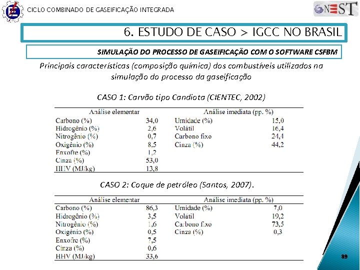 CICLO COMBINADO DE GASEIFICAÇÃO INTEGRADA 6. ESTUDO DE CASO > IGCC NO BRASIL SIMULAÇÃO