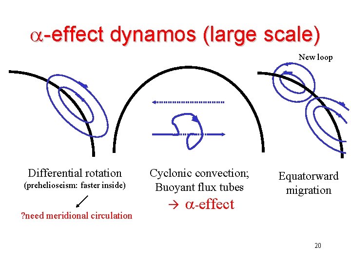 a-effect dynamos (large scale) New loop Differential rotation (prehelioseism: faster inside) ? need meridional