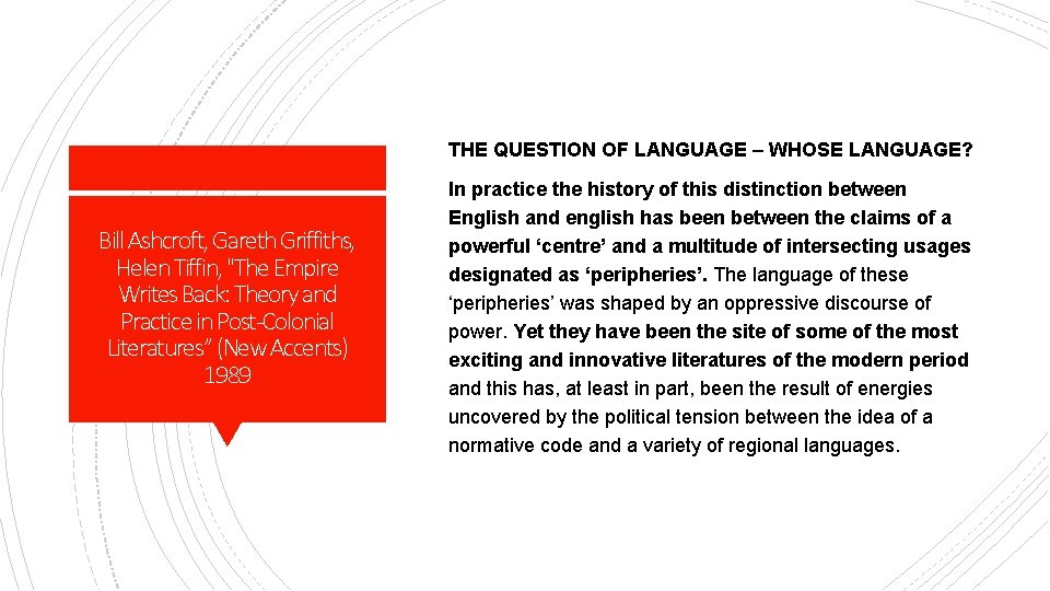 THE QUESTION OF LANGUAGE – WHOSE LANGUAGE? Bill Ashcroft, Gareth Griffiths, Helen Tiffin, "The