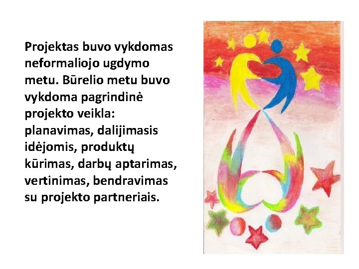 Projektas buvo vykdomas neformaliojo ugdymo metu. Būrelio metu buvo vykdoma pagrindinė projekto veikla: planavimas,