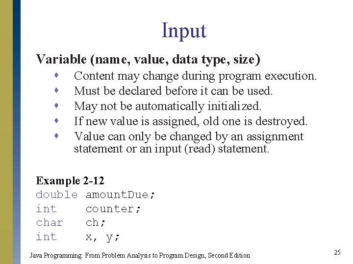 Input Variable (name, value, data type, size) s s s Content may change during