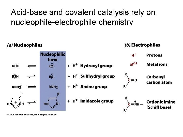 Acid-base and covalent catalysis rely on nucleophile-electrophile chemistry 