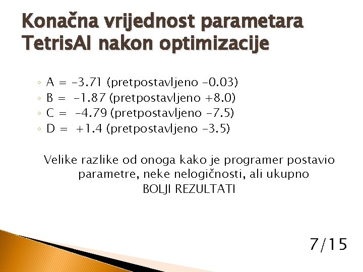 Konačna vrijednost parametara Tetris. AI nakon optimizacije ◦ ◦ A = -3. 71 (pretpostavljeno